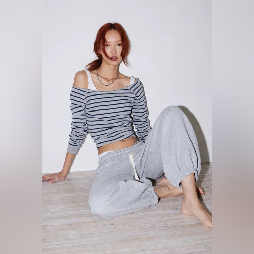 Urban Outfitters Navy & Light Gray Striped Off-Shoulder Top